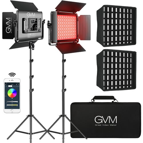GVM RGB LED Studio Video Light Bi-Color Soft 2-Light Panel Kit with Softboxes